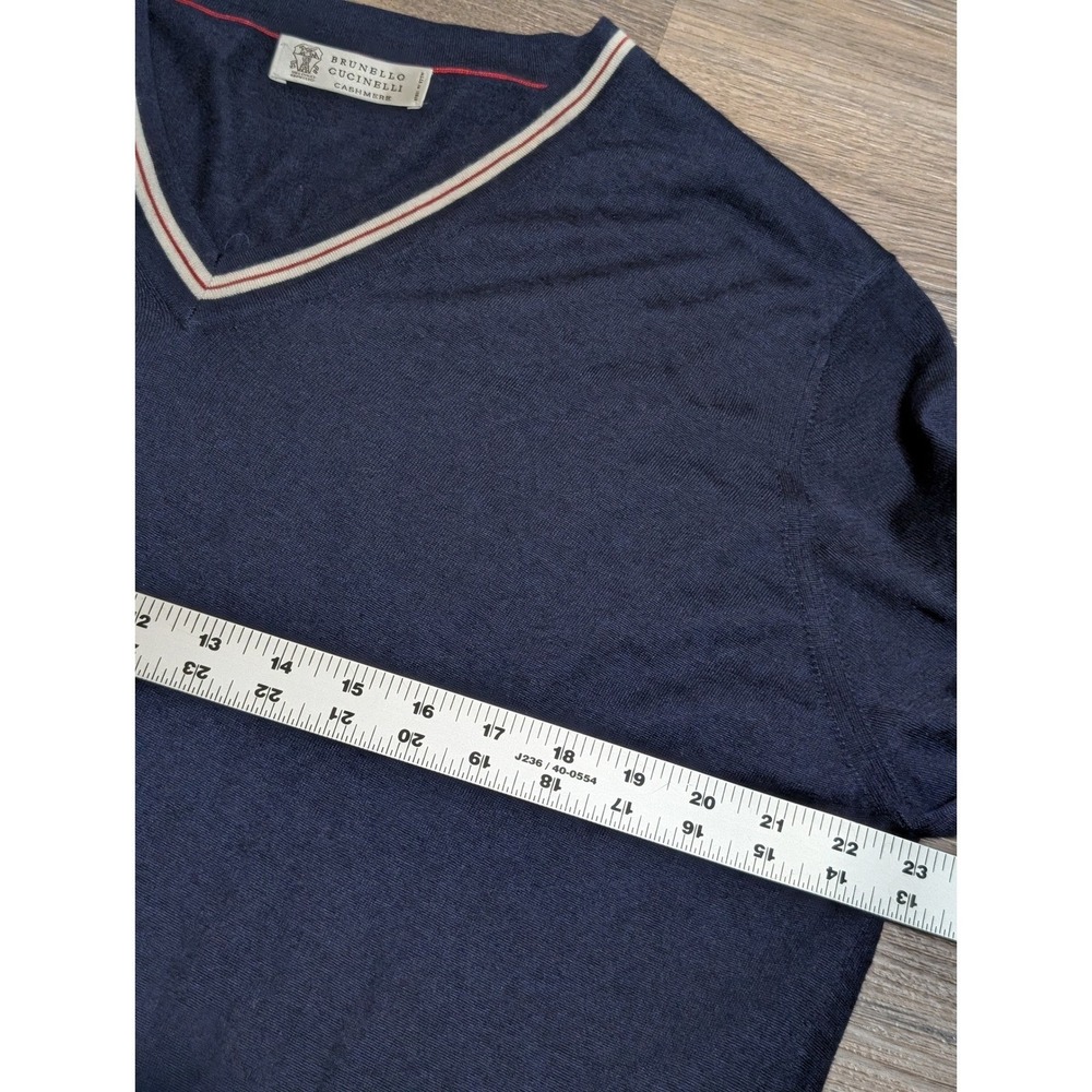 Brunello Cucinelli Men Navy Blue Cashmere Silk V-Neck Sweater IT 54 L Italy FLAW - Picture 2 of 9